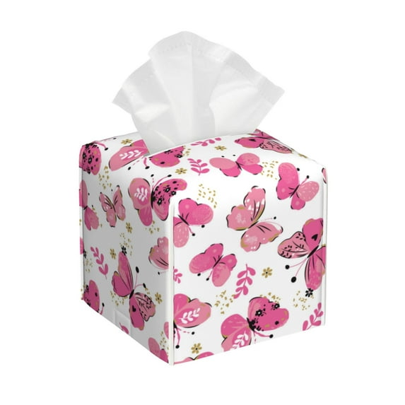 Sikiie Girl Butterfly Leather Tissue Box Cover Square, tissue box holder, Tissue Box with Bottom Belt-5.2”x5.2”x5.2”