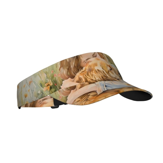 Sikiie Girl Hugging Dog Flowers Sun Visor Hat Adjustable Velcro Golf Visor Sports Sunscreen Visor Hat for Outdoor Activities