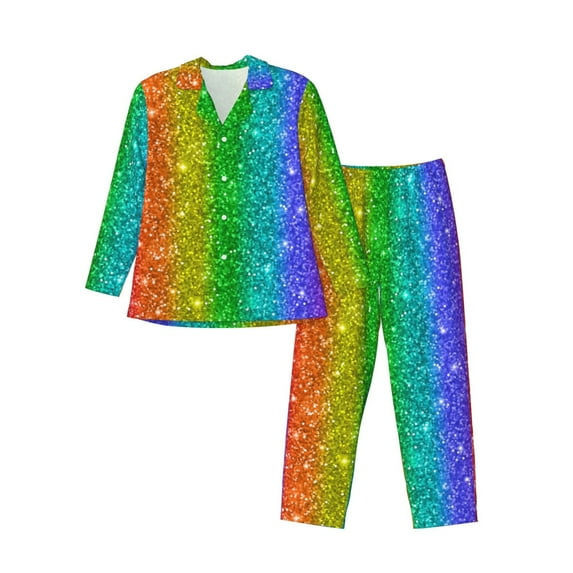 Sikiie Glitter Rainbow Mens Pajama Set, Soft Warm Long Sleeve Sleepwear, Cozy Button-Down Pjs for Men-Small
