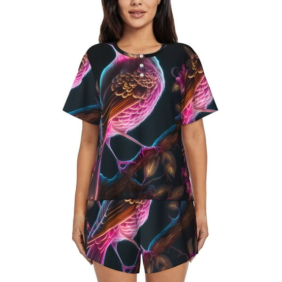 Sikiie Glowing Leaf Bird Womens Pajama Sets Short Sleeve Top With Pants Sleepwear 2 Piece Lounge SetMedium