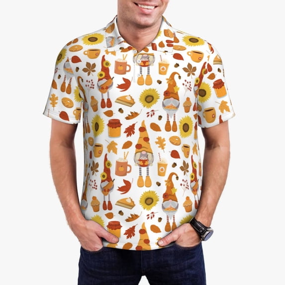 Sikiie Gnomes Autumn Harvest Print Men's Short-sleeved POLO Shirts, Button-down Shirts and T-shirts are Suitable for Vacation, Leisure and Business-3X-Large