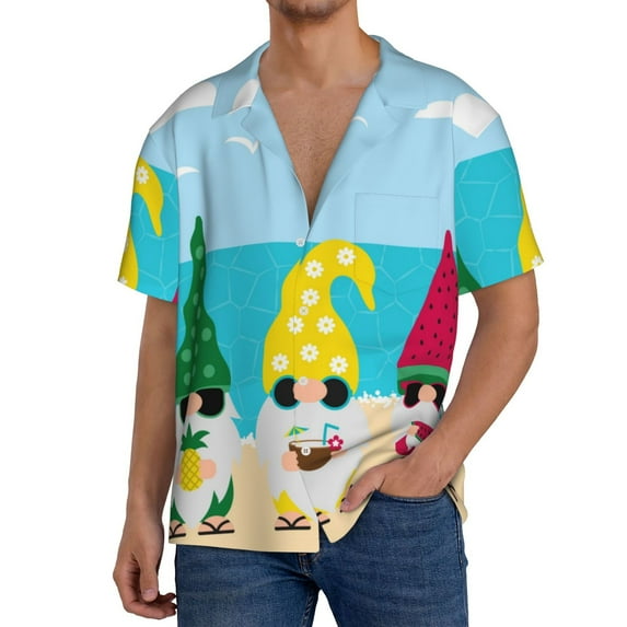 Sikiie Gnomes On The Beach Men's Wrinkle Free Untucked Cuban Shirt Business Casual Button Down Shirts Short Sleeve ShirtXX-Large