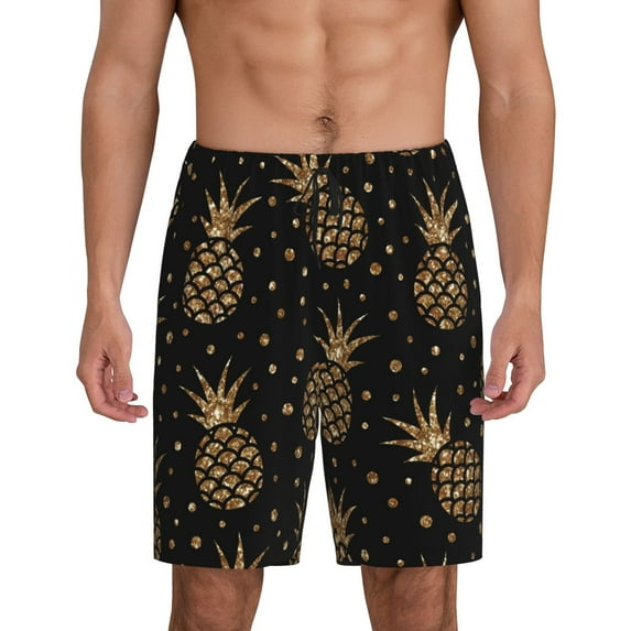 Sikiie Gold Glitter Pineapples Mens Pajama Shorts, Lightweight Lounge Pant with Pockets Soft Sleep Pj Shorts for MenMedium