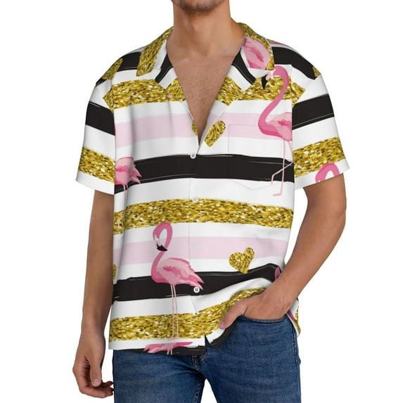 Sikiie Gold Glittering Hearts and Flamingos Men's Wrinkle Free Untucked Cuban Shirt Business Casual Button Down Shirts Short Sleeve ShirtX-Large