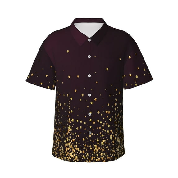 Sikiie Gold stars luxury sparkling Print Men's Hawaiian Shirt, Summer Beach Button Pocket Short Sleeve T-Shirt,XX-Large