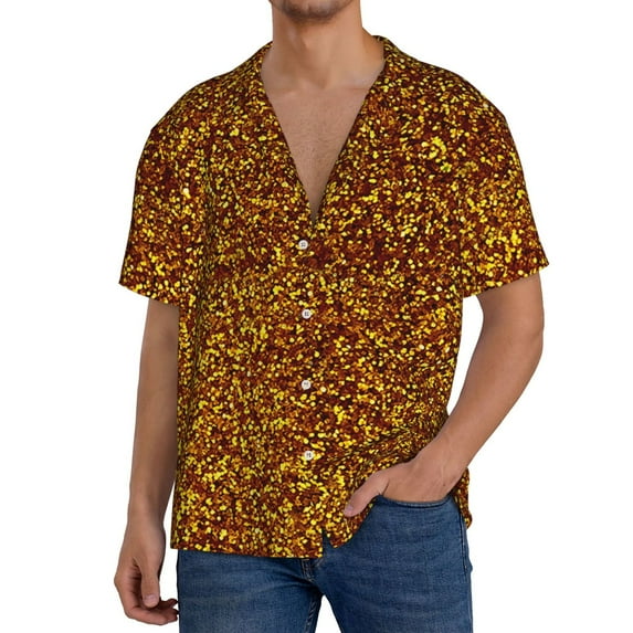 Sikiie Golden Glitter Men's Cuban Shirt, Hawaiian Shirts, Business Casual Button Down Shirts, Short Sleeve Shirt-XX-Large