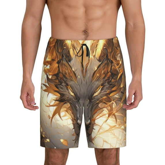Sikiie Golden Horned White Dragon Mens Pajama Shorts, Lightweight Lounge Pant with Pockets Soft Sleep Pj Shorts for MenLarge