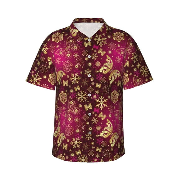 Sikiie Golden Snowflakes And And Butterflies Print Men's Hawaiian Shirt, Summer Beach Button Pocket Short Sleeve T-Shirt,Medium