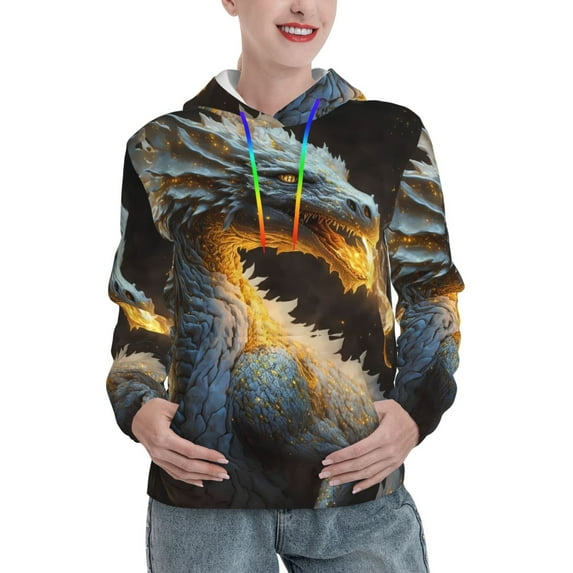 Sikiie Golden White Fire Dragon Women's Casual Hoodies Long Sleeve Lightweight Pullover Tops Loose Sweatshirt-Medium