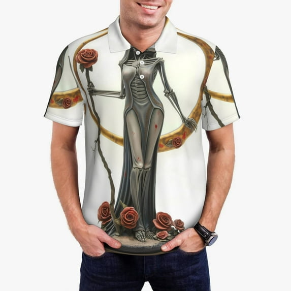 Sikiie Gothic Skeleton With Roses Print Men's Short-sleeved POLO Shirts, Button-down Shirts and T-shirts are Suitable for Vacation, Leisure and Business-4X-Large