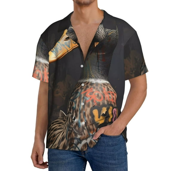 Sikiie Graffiti Cool Duck Men's Wrinkle Free Untucked Cuban Shirt Business Casual Button Down Shirts Short Sleeve ShirtLarge