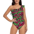 thumbnail image 1 of Sikiie Graffiti Tape Women One Piece Swimsuits Tummy Control One Shoulder Bathing Suits Ruffle Swimwear, From S to XXL, 1 of 6