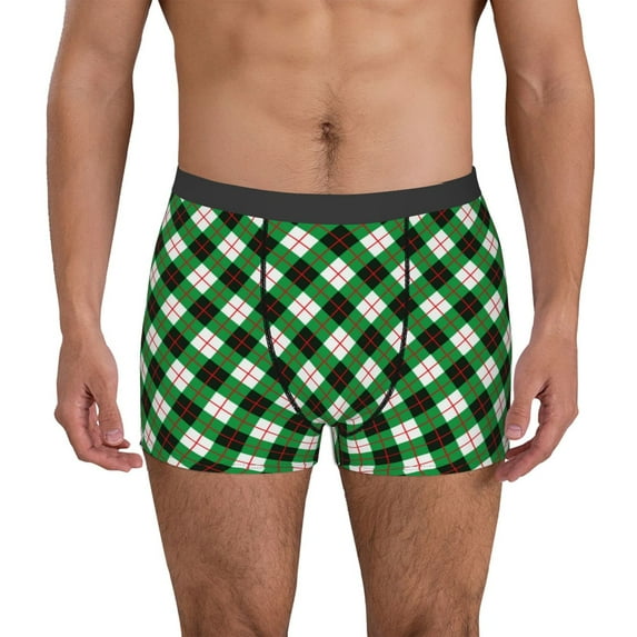Sikiie Green Argyle Plaid Print Men's Boxer Briefs, Elastic Waistband Boxer Briefs Leggings-Large