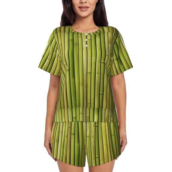 Sikiie Green Bamboo Fence Womens Pajama Sets Short Sleeve Top With Pants Sleepwear 2 Piece Lounge Set-3X-Large