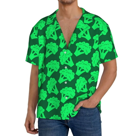 Sikiie Green Broccoli Men's Wrinkle Free Untucked Cuban Shirt Business Casual Button Down Shirts Short Sleeve ShirtLarge