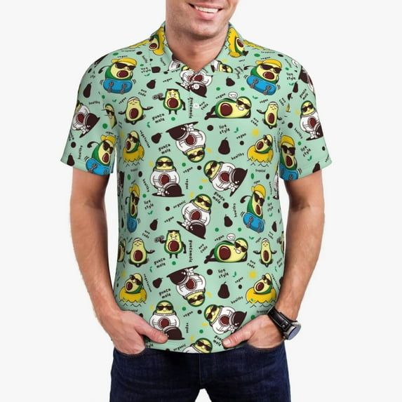 Sikiie Green Cute Avocado Print Men's Short-sleeved POLO Shirts, Button-down Shirts and T-shirts are Suitable for Vacation, Leisure and Business-X-Large