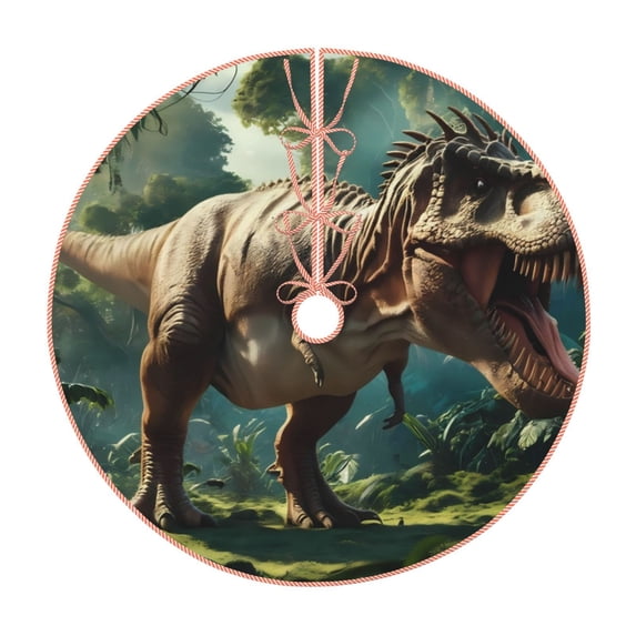 Sikiie Green Forest Dinosaur Nativity Christmas Tree Skirt, Jesus Christian Winter Holiday Tree Mat Decoration(30-48IN)48"