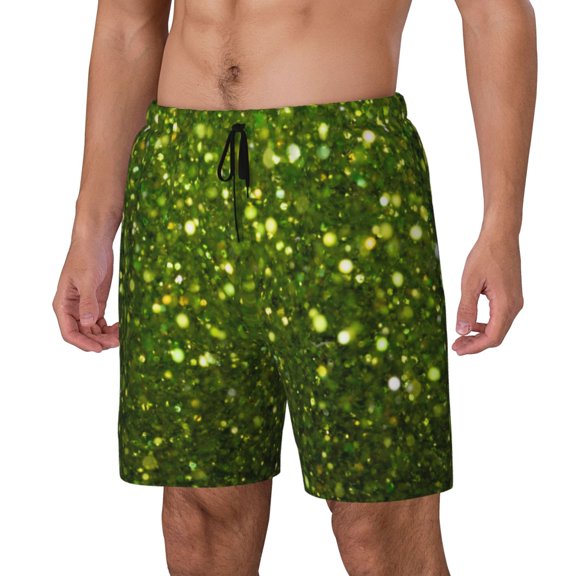 Sikiie Green Glitter Sparkle Print Men's Double Layer Swimming Trunks, Adjustable Waistband and Pockets Sports Swimming Trunks, Beach Swimwear-Medium