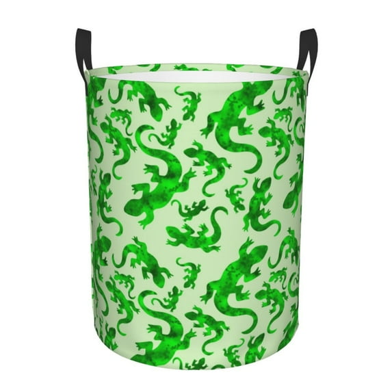 Sikiie Green Lizard Print Round Dirty Clothes Basket, Waterproof Standing Foldable Storage Basket, for Laundry Room, Bedroom, Bathroom Storage-Small