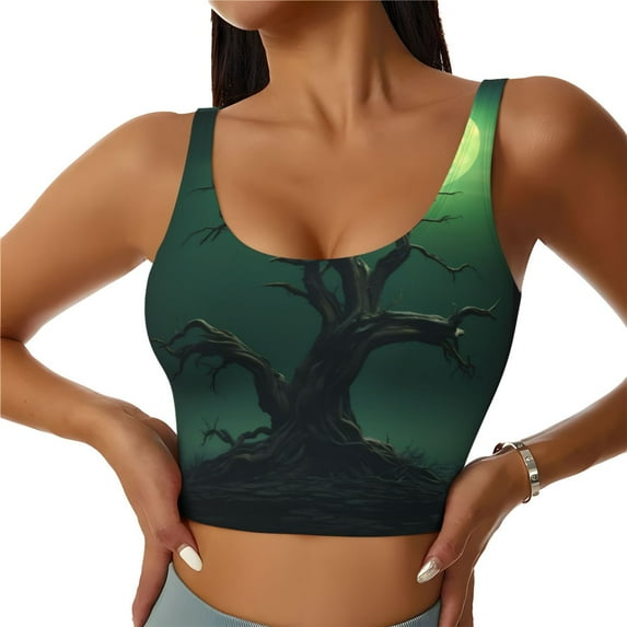 Sikiie Green Night Sky Moon Branches Print Strappy Sports Bra for Women Padded Push Up Sports Bra Athletic Running Sports Bra Workout Bra Yoga Bra
