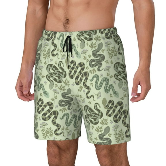 Sikiie Green Snake Print Men's Double Layer Swimming Trunks, Adjustable Waistband and Pockets Sports Swimming Trunks, Beach Swimwear-3X-Large