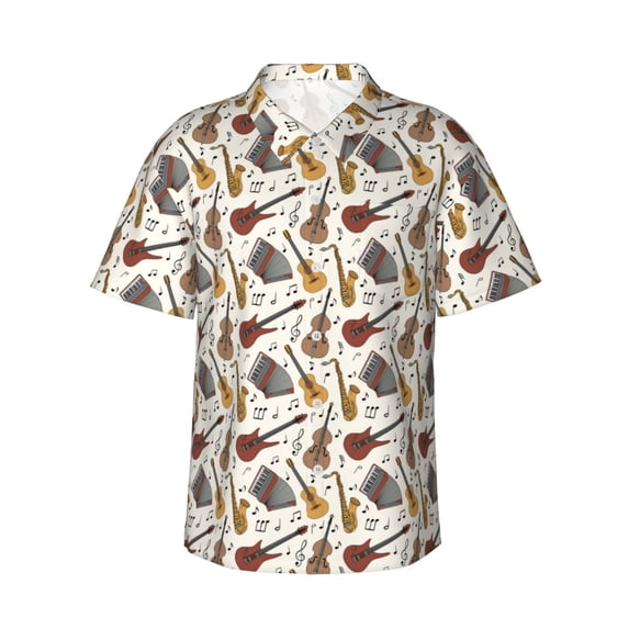 Sikiie Guitar Print Men's Hawaiian Shirt, Summer Beach Button Pocket Short Sleeve T-Shirt,Medium