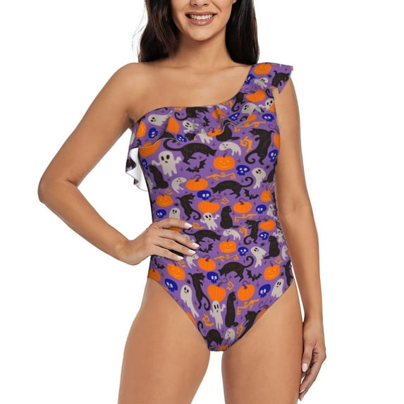 Sikiie Halloween Black Cats Print Women One Piece Swimsuits Tummy Control One Shoulder Bathing Suits Ruffle Swimwear, From S to XXL-Medium