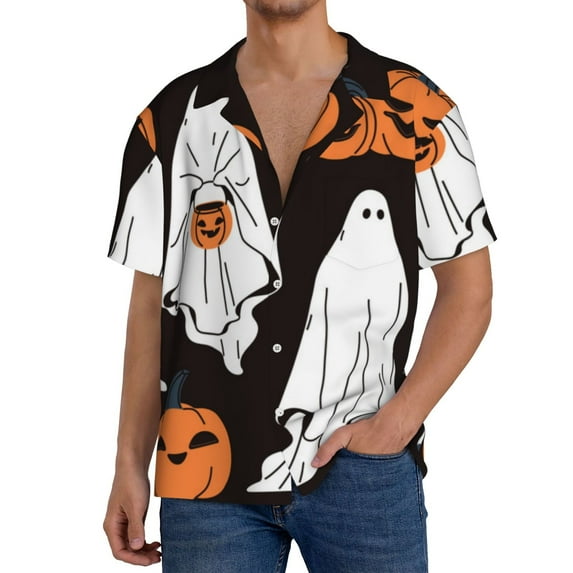 Sikiie Halloween Ghosts And Pumpkins Men's Cuban Shirt, Hawaiian Shirts, Business Casual Button Down Shirts, Short Sleeve Shirt-Small