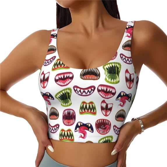 Sikiie Halloween Mouth Print Strappy Sports Bra for Women Padded Push Up Sports Bra Athletic Running Sports Bra Workout Bra Yoga Bra