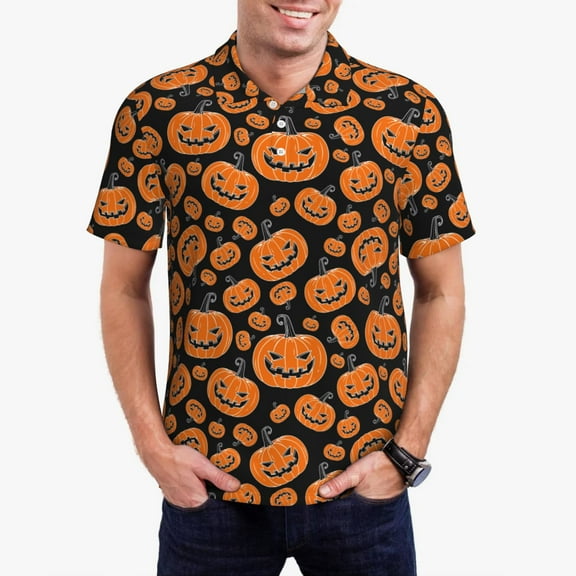 Sikiie Halloween Pumpkins Print Men's Short-sleeved POLO Shirts, Button-down Shirts and T-shirts are Suitable for Vacation, Leisure and Business-3X-Large