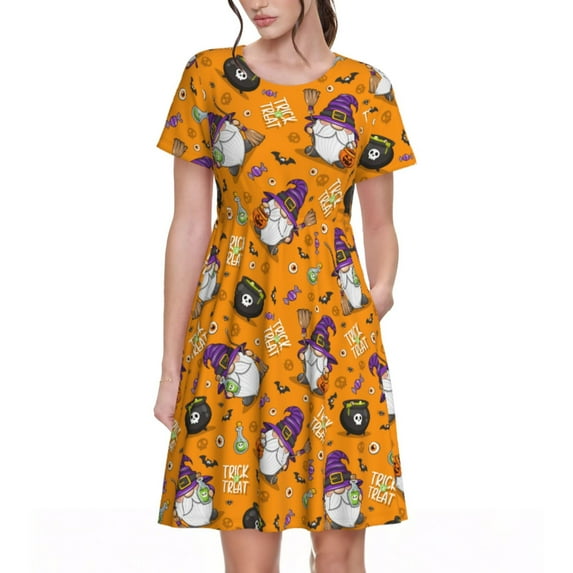 Sikiie Halloween Witches Gnome Print Women's Short-sleeved Dress, Round Neck Slim Knee-length Dress, Summer Clothing Suitable for Daily Leisure and Vacation