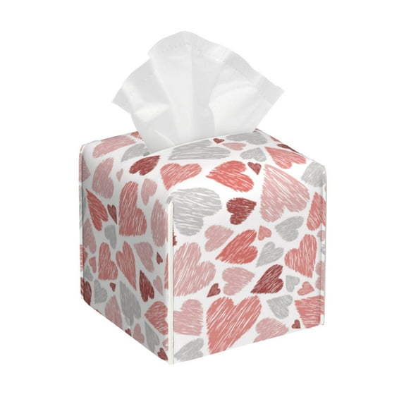 Sikiie Hand Drawn Hearts Leather Tissue Box Cover Square, tissue box holder, Tissue Box with Bottom Belt-5.2”x5.2”x5.2”