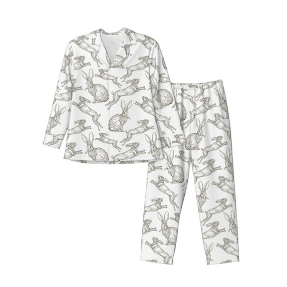 Sikiie Hand Drawn Rabbit Mens Pajama Set, Soft Warm Long Sleeve Sleepwear, Cozy Button-Down Pjs for Men-Medium