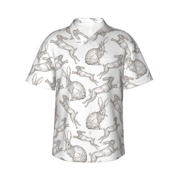 Sikiie Hand Drawn Rabbit Print Men's Hawaiian Shirt, Summer Beach Button Pocket Short Sleeve T-Shirt,XX-Large