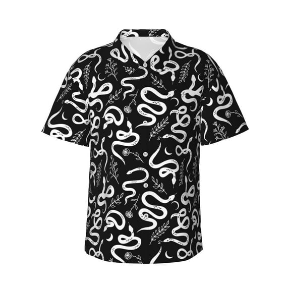 Sikiie Hand Drawn Snake Print Men's Hawaiian Shirt, Summer Beach Button Pocket Short Sleeve T-Shirt,X-Large