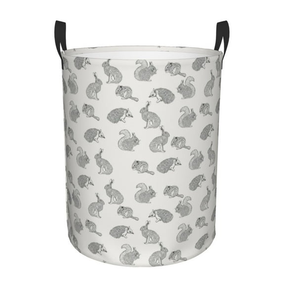 Sikiie Hand Drawn Squirrel Print Round Dirty Clothes Basket, Waterproof Standing Foldable Storage Basket, for Laundry Room, Bedroom, Bathroom Storage-Medium