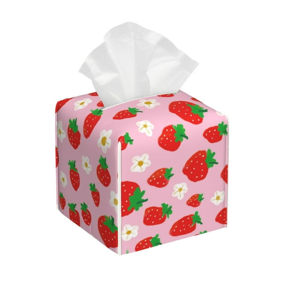 Sikiie Hand Drawn Strawberry Leather Tissue Box Cover Square, tissue box holder, Tissue Box with Bottom Belt-5.2”x5.2”x5.2”