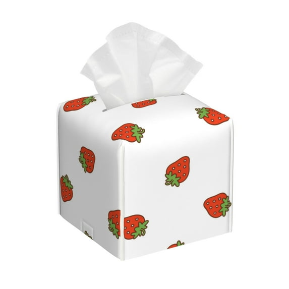 Sikiie Hand Drawn Strawberry Leather Tissue Box Cover Square, tissue box holder, Tissue Box with Bottom Belt-5.2”x5.2”x5.2”