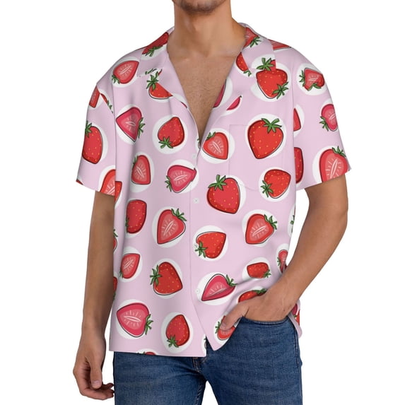 Sikiie Hand Drawn Strawberry Men's Wrinkle Free Untucked Cuban Shirt Business Casual Button Down Shirts Short Sleeve Shirt3X-Large