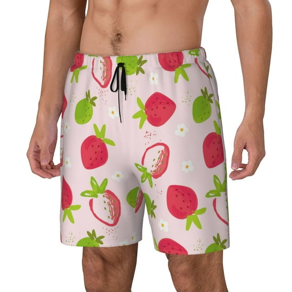 Sikiie Hand Drawn Strawberry Print Men's Double Layer Swimming Trunks, Adjustable Waistband and Pockets Sports Swimming Trunks, Beach Swimwear-Medium