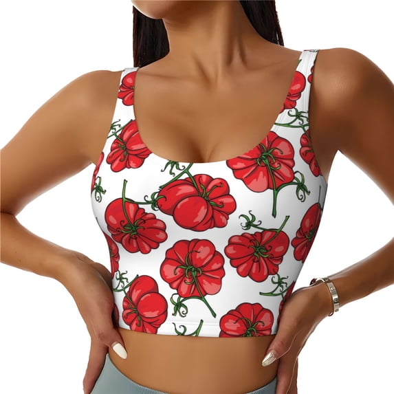Sikiie Hand Drawn Tomatoes Print Strappy Sports Bra for Women Padded Push Up Sports Bra Athletic Running Sports Bra Workout Bra Yoga Bra