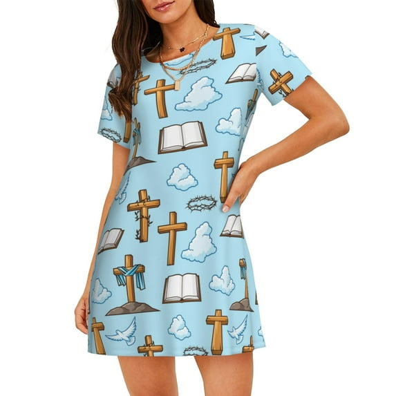 Sikiie Happy Easte Print Women's Short-sleeved Nightdress, Round Neck Pullover Nightdress Pajamas Summer Home Wear
