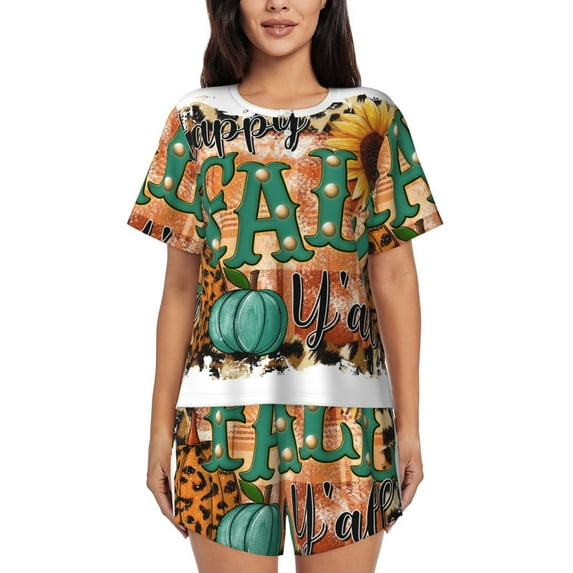 Sikiie Happy Fall Y'All Womens Pajama Sets Short Sleeve Top With Pants Sleepwear 2 Piece Lounge Set-Large