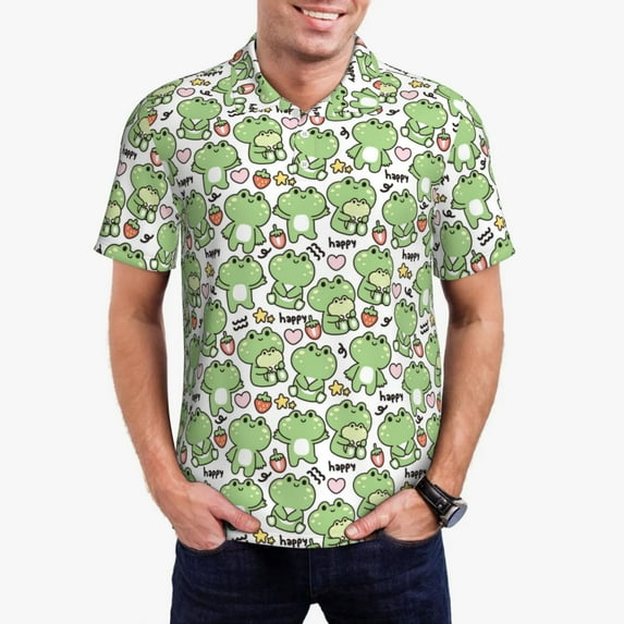 Sikiie Happy Frogs Print Men's Short-sleeved POLO Shirts, Button-down Shirts and T-shirts are Suitable for Vacation, Leisure and Business-Small
