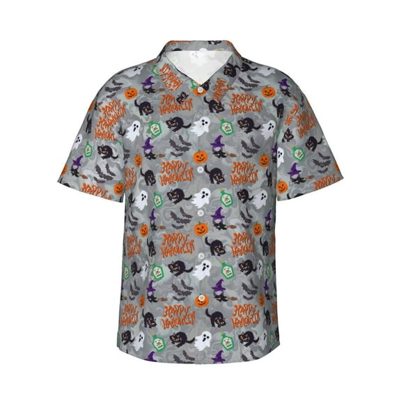 Sikiie Happy Halloween Print Men's Hawaiian Shirt, Summer Beach Button Pocket Short Sleeve T-Shirt,3X-Large