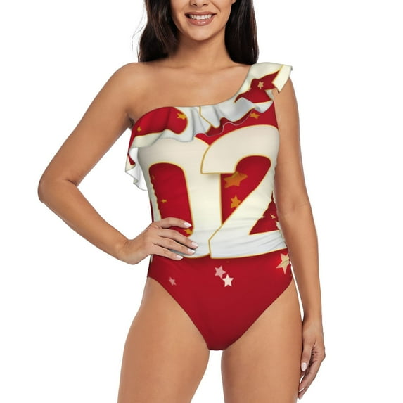 Sikiie Happy New 2025 Year Print Women One Piece Swimsuits Tummy Control One Shoulder Bathing Suits Ruffle Swimwear, From S to XXL-Small