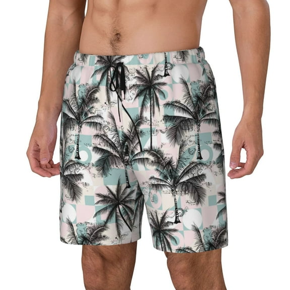 Sikiie Hawaii Palms Print Men's Double Layer Swimming Trunks, Adjustable Waistband and Pockets Sports Swimming Trunks, Beach Swimwear-3X-Large