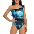 thumbnail image 1 of Sikiie Hawaiian Beach Pirate Moon Print Women One Piece Swimsuits Tummy Control One Shoulder Bathing Suits Ruffle Swimwear, From S to XXL-Medium, 1 of 6