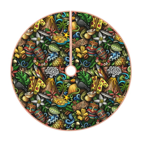Sikiie Hawaiian Culture Symbols Nativity Christmas Tree Skirt, Jesus Christian Winter Holiday Tree Mat Decoration(30-48IN)48"