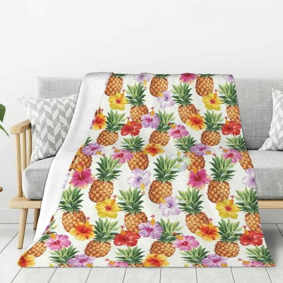 Sikiie Hawaiian Pineapples And Hibiscus Flowers Cozy Flannel Fleece Throw Blanket: Lightweight & Thick for All Seasons - Perfect for Women, Men, & Kids"50"x40"